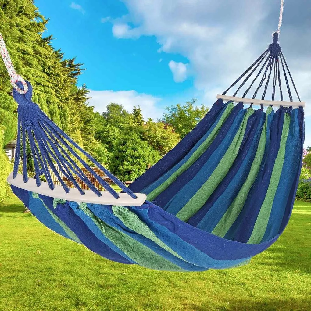 Bluegarden, závesná hojdacia sieť s drevenou oporou pre 2 osoby 150x210cm Hammock 400257A, modrá, OGR-09017