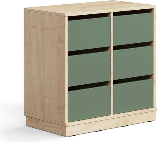 Úložná skrinka CASPER, 6 zásuviek, so soklom, breza/tmavozelená