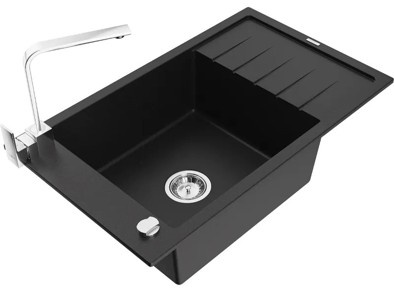 Mexen Elias, granitový drez granitový 795x480x200 mm, 1-komorový, čierna s chrómovým sifónom a chrómová drezová batéria Rita, 6511-77-670300-00