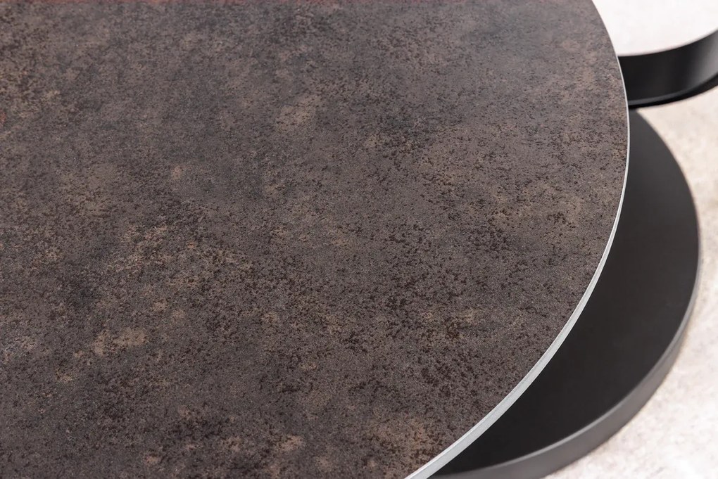 Konferenčný stolík DANCING RINGS 80-135 cm otočný keramický vrch s prírodným travertínom a hrdzavým vzhľadom