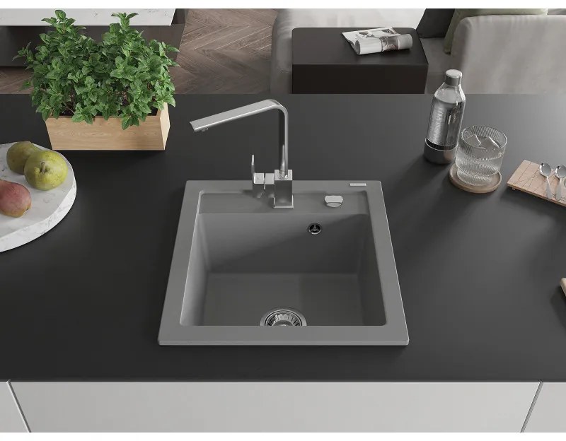 Mexen Vito, 1-komorový granitový drez 520x490x210 mm, chrómová batéria Rita, šedá, 6503-71-670300-00