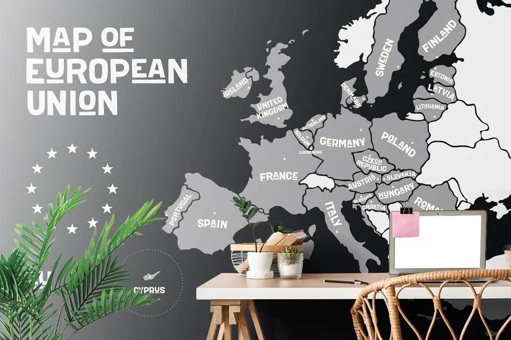 Tapeta čiernobiela mapa s názvami krajín EÚ - 300x200