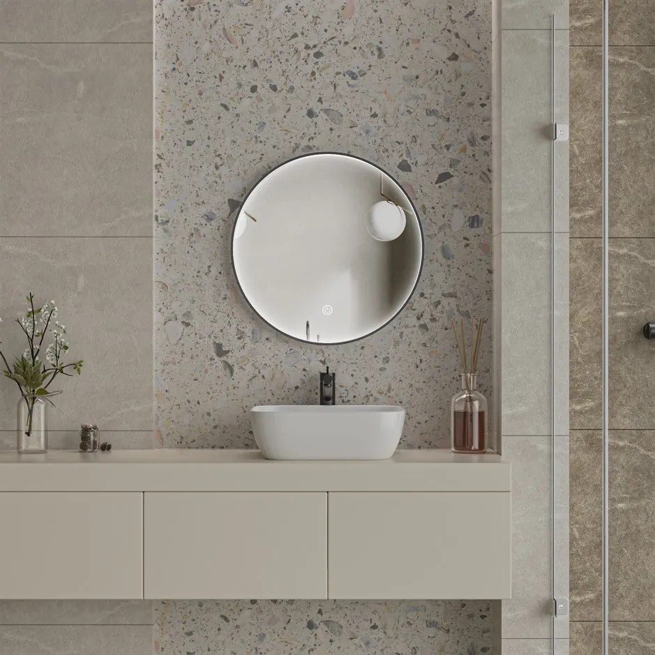 Erga Charlotte, okrúhle LED zrkadlo 60cm, čierny kovový rám, 1380 lm, 6500K, predné bočné osvetlenie, ERG-V01-204-6060-BK