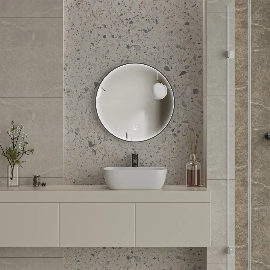 Erga Charlotte, okrúhle LED zrkadlo 60cm, čierny kovový rám, 1380 lm, 6500K, predné bočné osvetlenie, ERG-V01-204-6060-BK