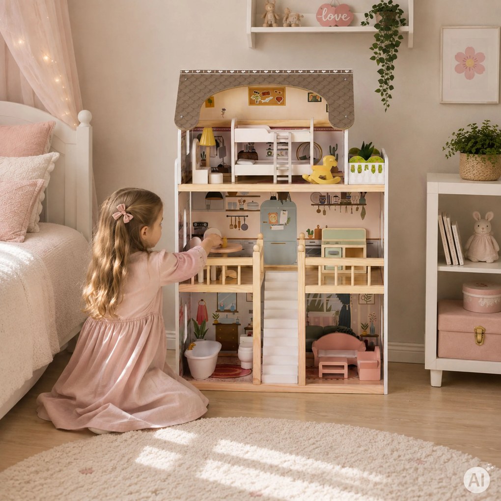 Drevený domček pre bábiky Laura, 3 poschodia, 5 izieb, 15 kusov nábytku, ECOTOYS