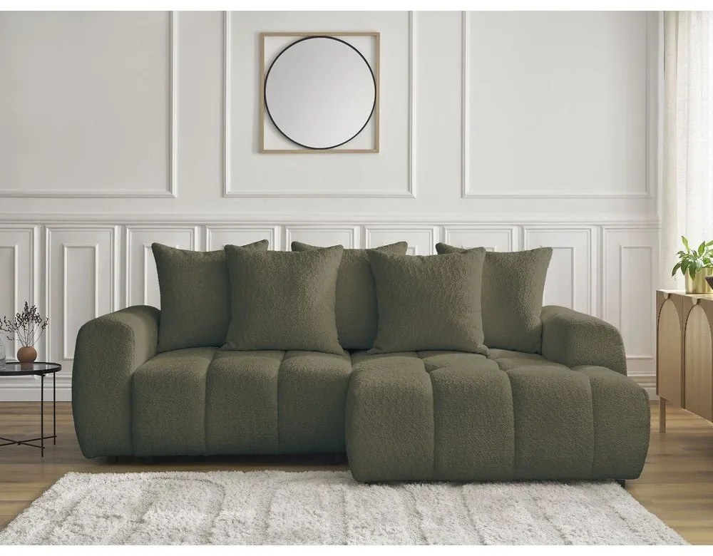 Kaki rozkladacia/s úložným priestorom rohová pohovka z textílie buklé (pravý roh/s leňoškou) Roxelane – Bobochic Paris