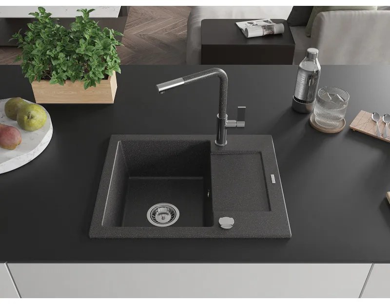 Mexen Enzo, 1-komorový granitový drez 576x465x174 mm a drezová batéria Flora, čierna škvrnitá, 6506-76-670401-08