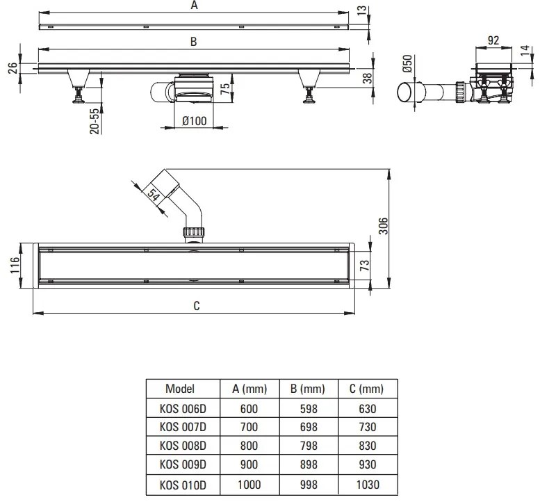 Deante Deante, nerezový lineárny odtokový žľab s otočnou mriežkou (2v1) 70cm, sifón H65, čierna, KOS_N07D