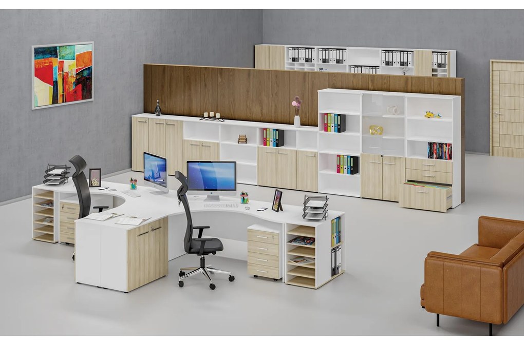 Kancelársky rohový pracovný stôl PRIMO WHITE, 1600 x 1200 mm, ľavý, biela/dub prírodný