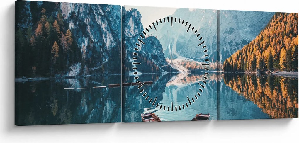 Obraz - Lode na jazere Braies (s hodinami) (90x30 cm)
