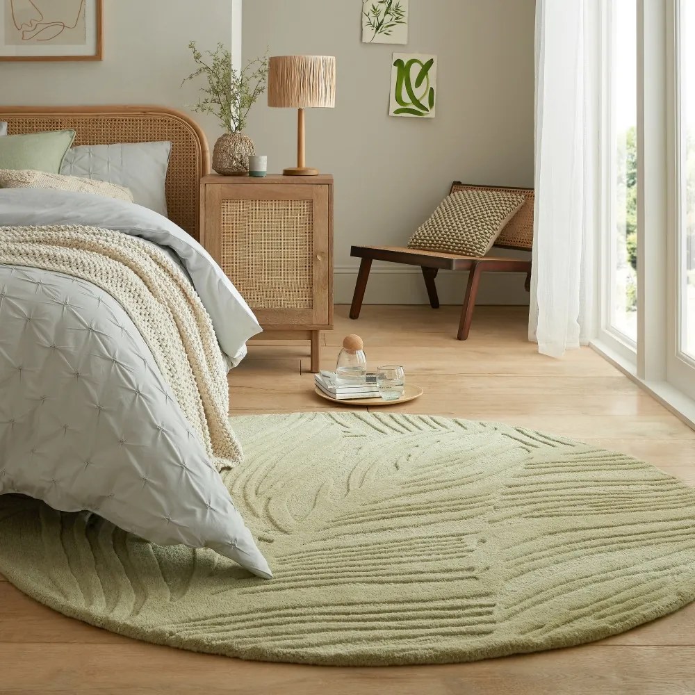 Kusový koberec Solace Lino Leaf Sage kruh, 160x160 (priemer) kruh, zelená, obývacia izba, Flair Rugs