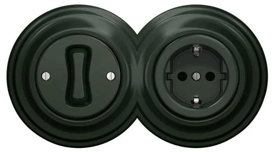 Kliklap - Retro jednopólový vypínač č. 1 a zásuvka SCHUKO 230 V so zeleným rámikom