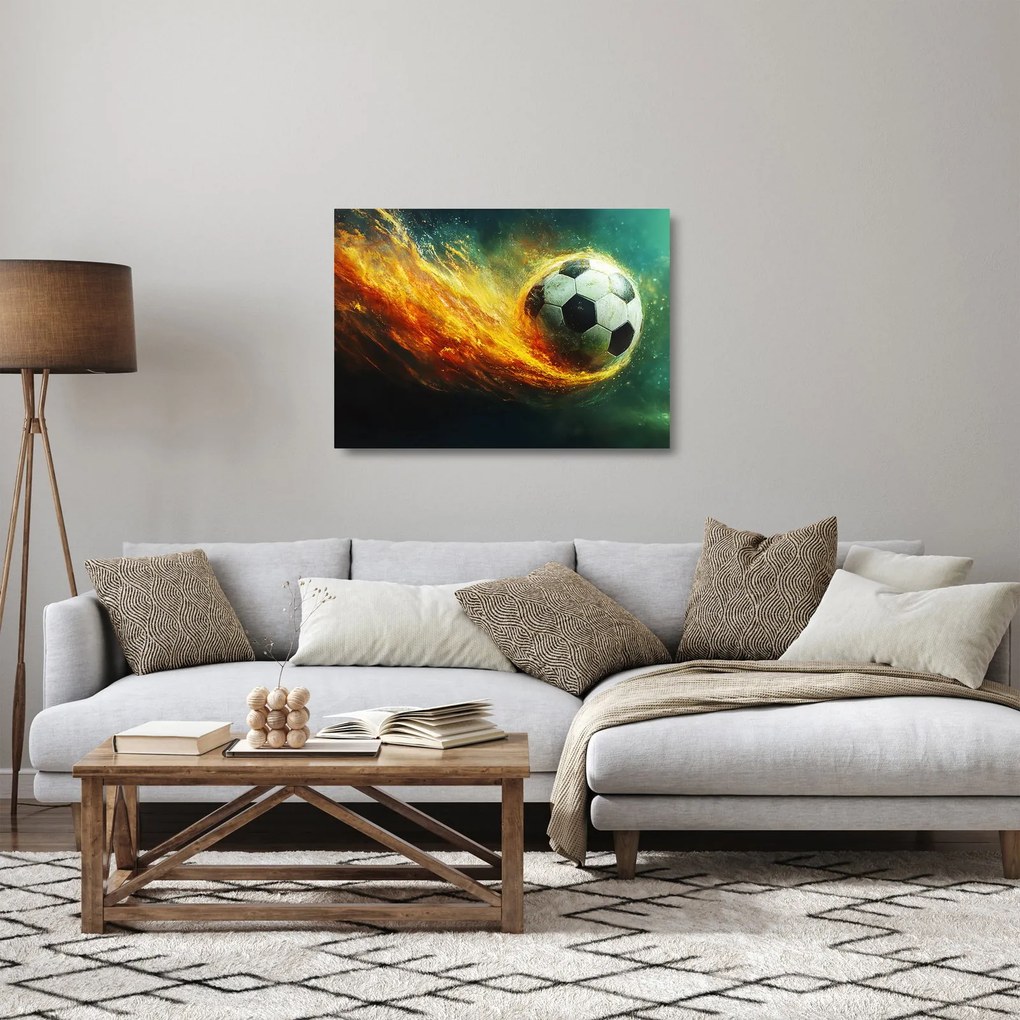 Sklenený obraz - Futbalová lopta v lete (70x50 cm)