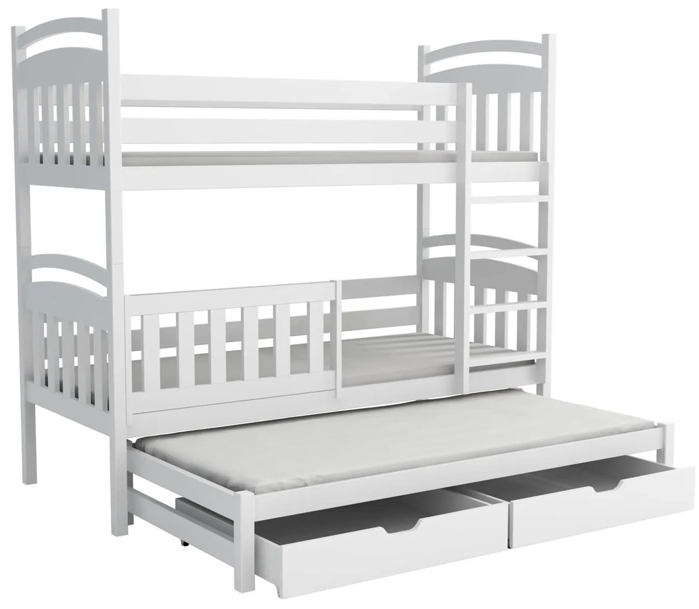 Detská poschodová posteľ z masívu borovice ONDRA s prístelkou a šuplíky - 200x90 cm - BIELA