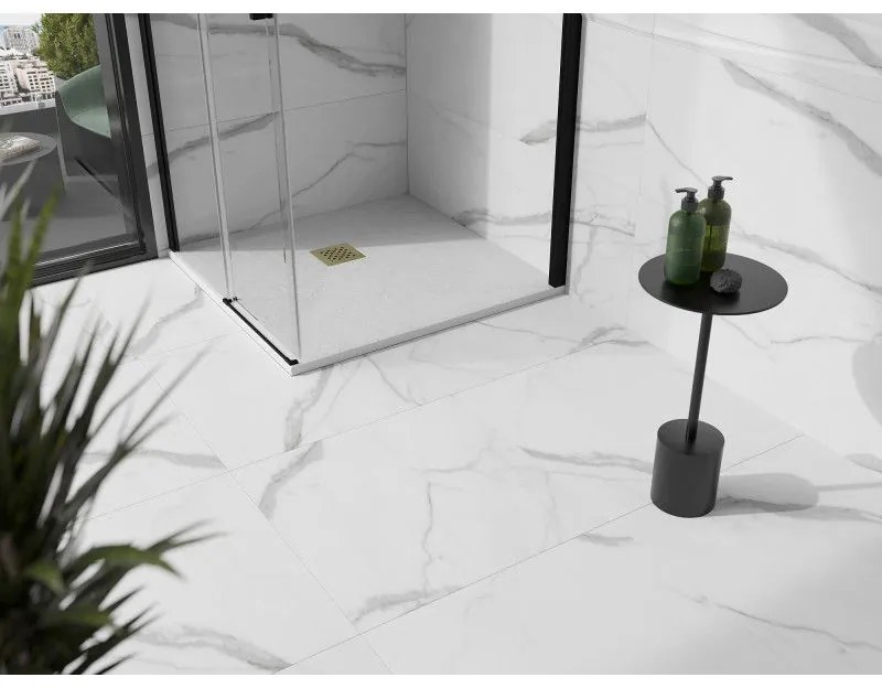 Mexen Stone+, štvorcová vanička z minerálneho kompozitu 100 x 100 cm, biela, zlatá lesklá krytka, 44101010-G