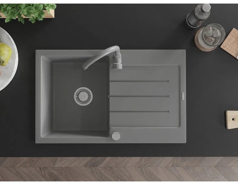 Mexen Bruno, 1-komorový granitový drez s odkvapkávačom 80x50 cm a kuchynskou batériou Telma, šedá, 6513-71-670200-71