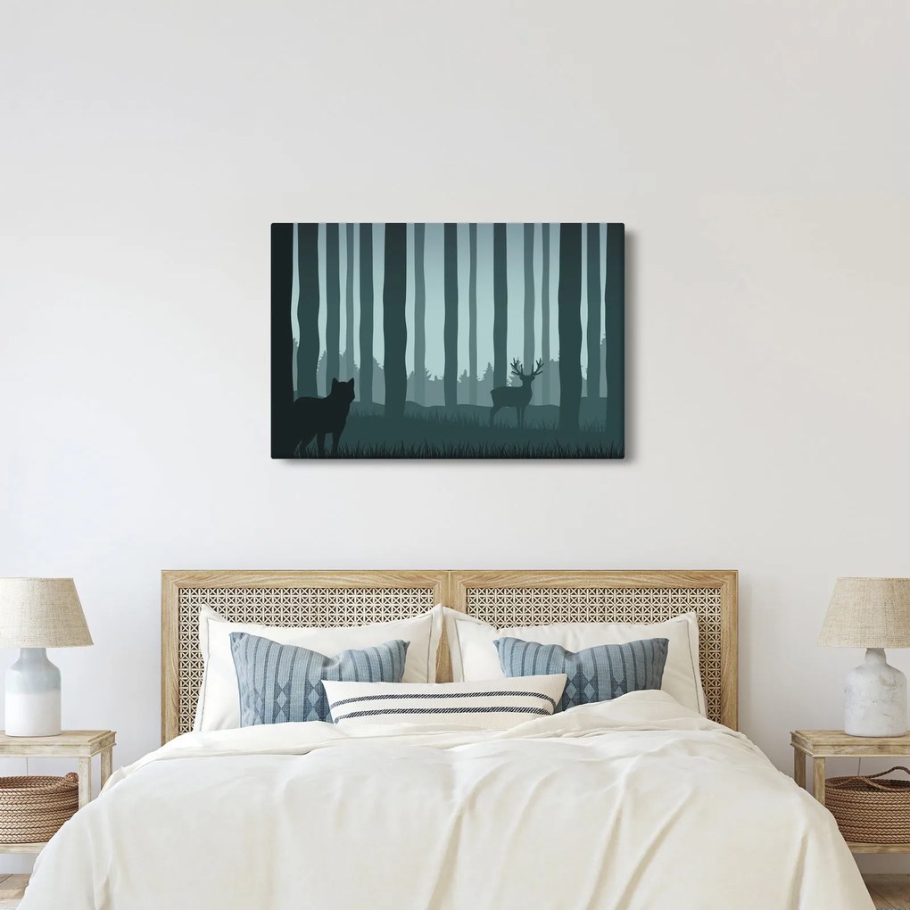 Obraz - Jeleň s vlkom v skalách (90x60 cm)