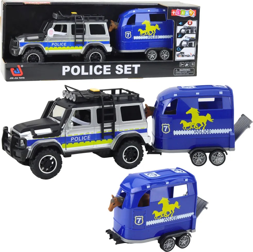 LEAN Toys Policajné terénne vozidlo s prívesom na kone Svetlá, zvuky