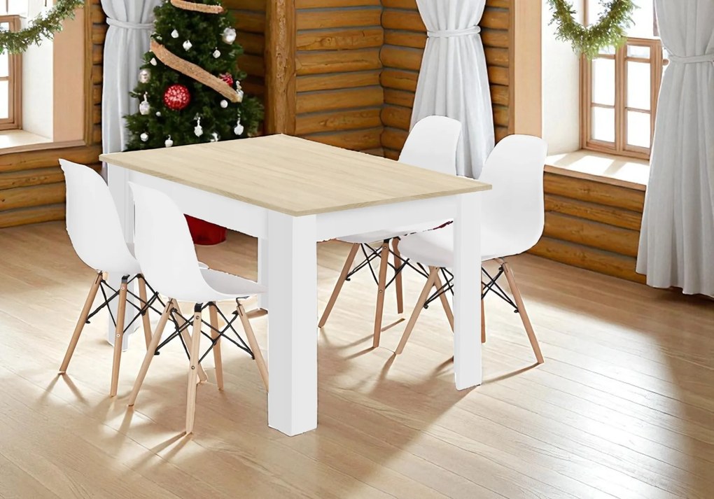 Jedálenská zostava stôl Dub sonoma 120 x 80cm biele nohy + 4 stoličky OSAKA biele / prírodné nohy