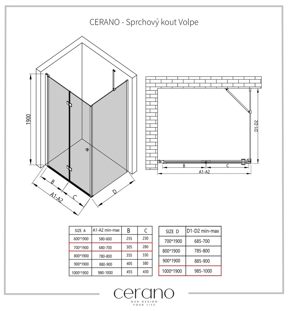 Cerano Volpe, sprchovací kút so skladacími dverami 70(dvere) x 100(stena), 6mm číre sklo, chrómový profil, CER-CER-427186