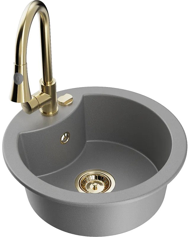 Mexen Diego, 1-komorový granitový drez 488x488x167 mm a drezová batéria Elia, šedá, 6512-71-670101-50