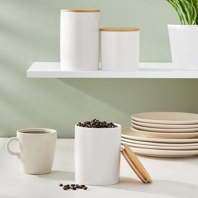 Orion Dóza na potraviny, plechová, biela, s bambusovým viečkom - 1,3l