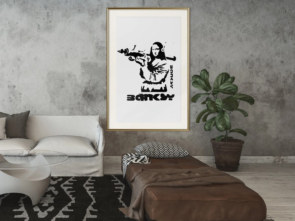 Artgeist Plagát - Mona Lisa with a Bazooka [Poster] Veľkosť: 20x30, Verzia: Čierny rám s passe-partout