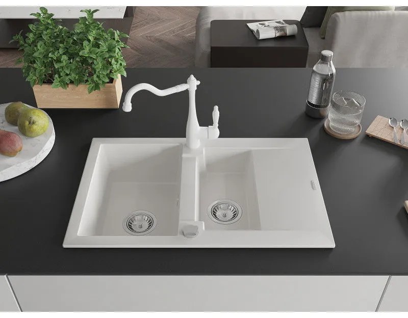 Mexen Gaspar, granitový drez 752x436x161 mm, 1,5-komorový a drezová batéria Carla, biela, 6507-20-670700-20