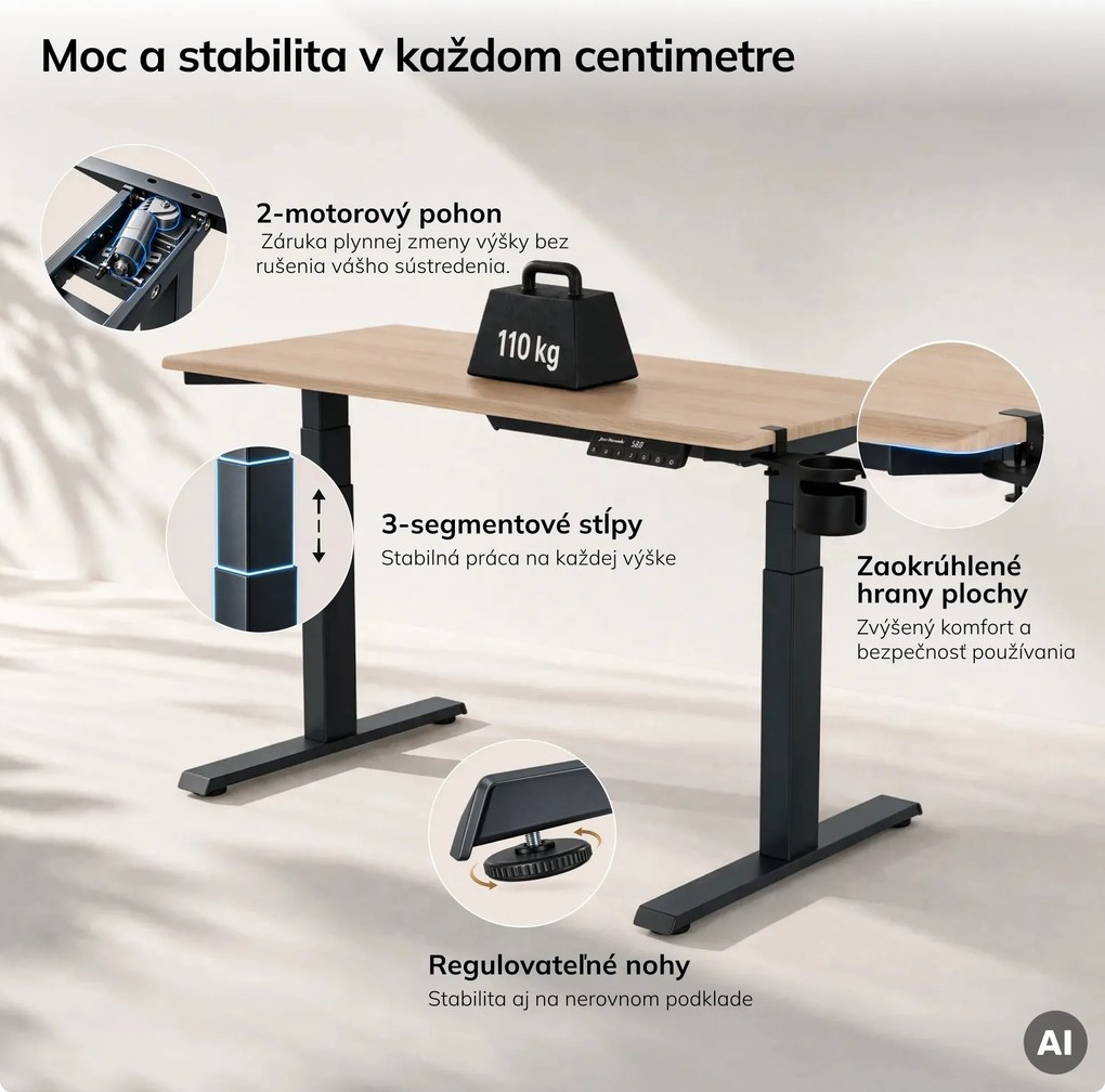 Elektrický stôl s reguláciou výšky ergonomický antracitový/dub sonoma,1200x600 mm: ARIA