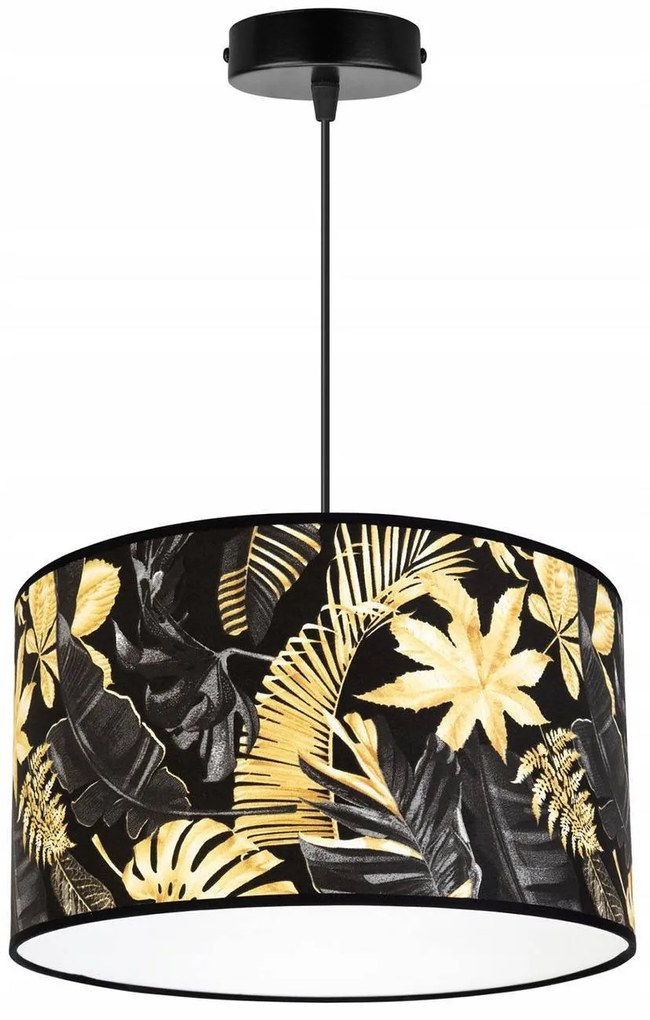 Závesné svietidlo Gold flowers, 1x čierne textilné tienidlo s kvetinovým vzorom, (fi 35cm)