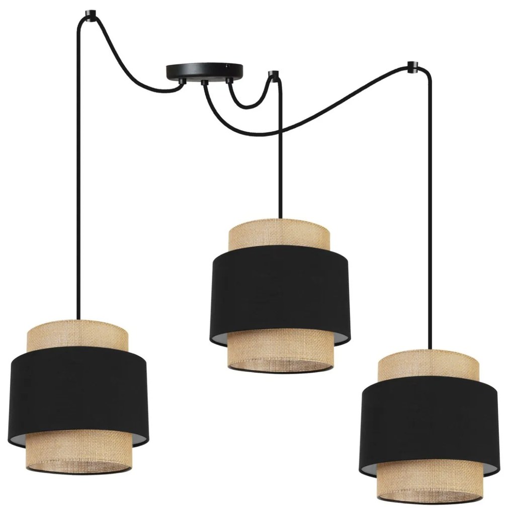 Závesné svietidlo Boho Spider, 3x jutové/čierne textilné tienidlo