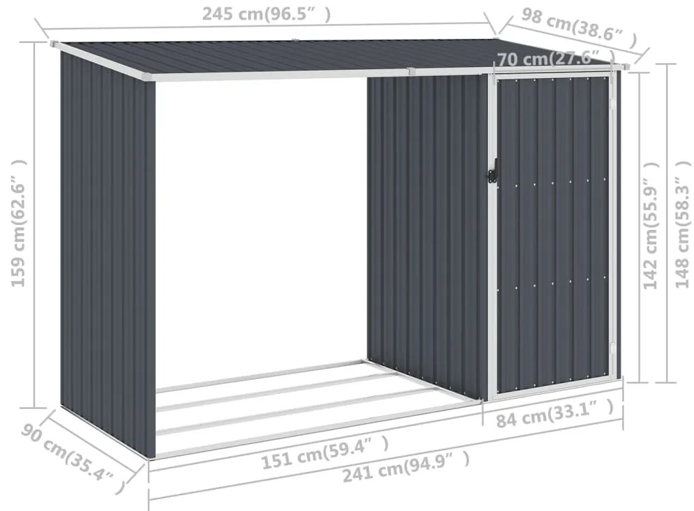 Záhradná kôlňa na palivové drevo antracitová 245x98x159 cm pozinkovaná oceľ