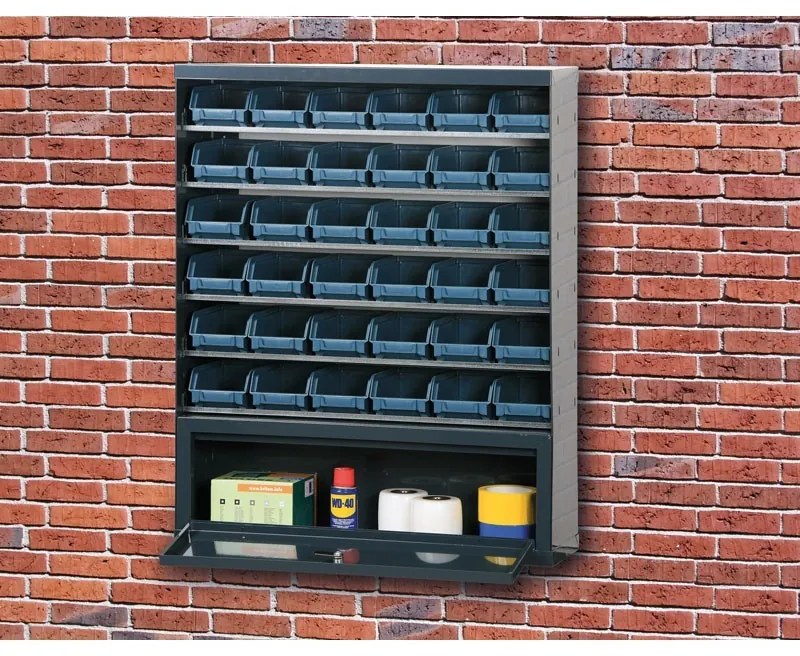 Závesný regál s plastovými boxmi BASIC a priehradkou, 36 boxov