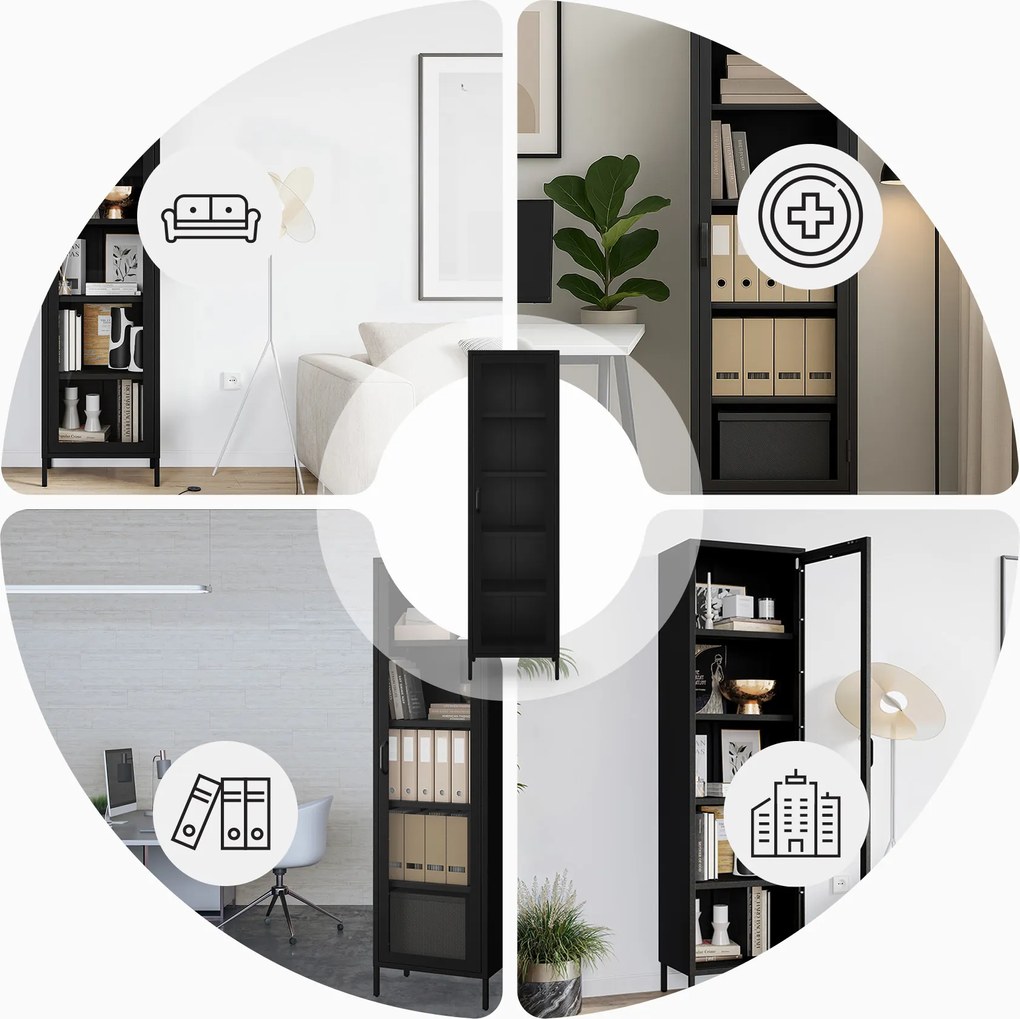 Čierna sklenená vitrína do obývačky z kovu na nožičkách LUIGI Modern 500 x 1800 x 350 mm