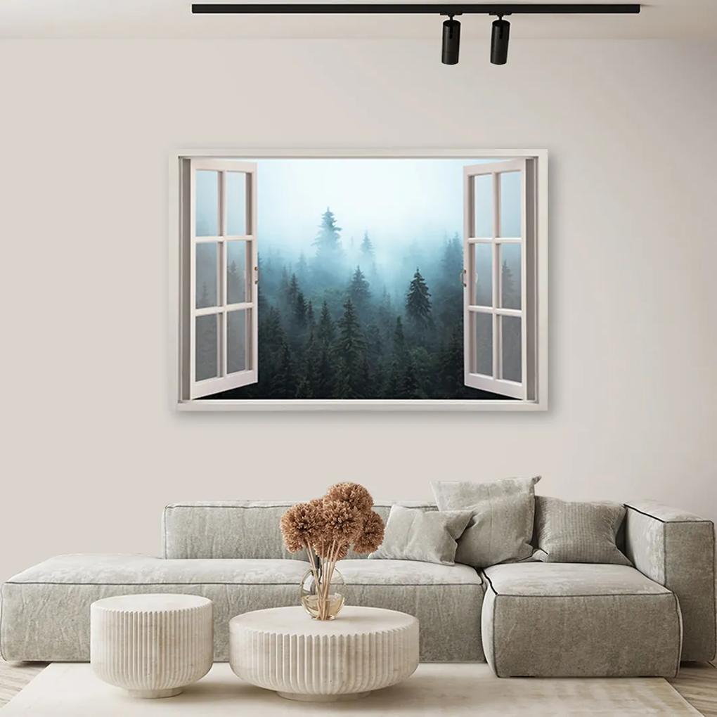 Obraz na plátně, Okno Zobrazit les v mlze přírody - 120x80 cm