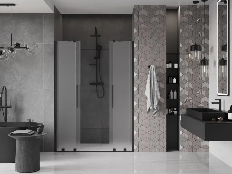 Mexen Velar Duo, posuvné sprchové dvere do otvoru 140 cm, 8mm sklo námraza, čierna matná, 871-140-000-32-70