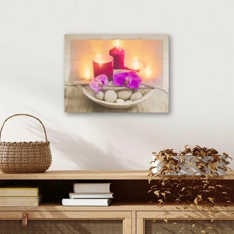 Nexos 74513 Nástenná maľba orchidea so sviečkami, 6 LED, 30 x 40 cm