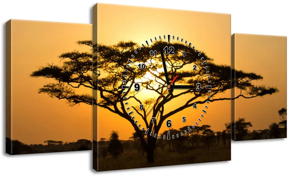 Gario Obraz s hodinami Akácia v Serengeti - 3 dielny Rozmery: 90 x 70 cm
