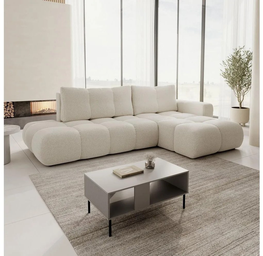 Rozkladacia rohová čalúnená sedacia súprava s úložným priestorom do tvaru L ALMADA pravé prevedenie svetlobéžová