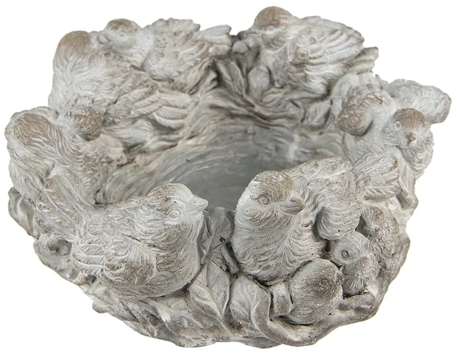 Šedý antik cementový dekoračný kvetináč s vtáčikmi - Ø 27*12 cm