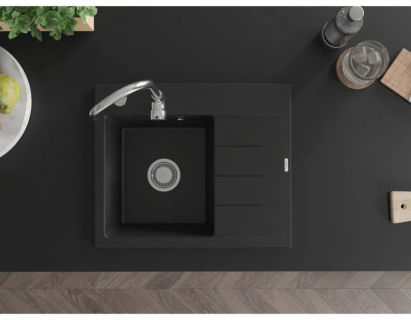 Mexen Ben, 1-komorový granitový drez 600x500x190 mm, ľavý+ chrómový sifón, čierny, 6522605000-77