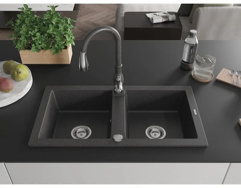 Mexen Mario, 2-komorový granitový drez 820x436x161 mm a drezová batéria Savita, čierna škvrtnitá, 6504-76-672601-76