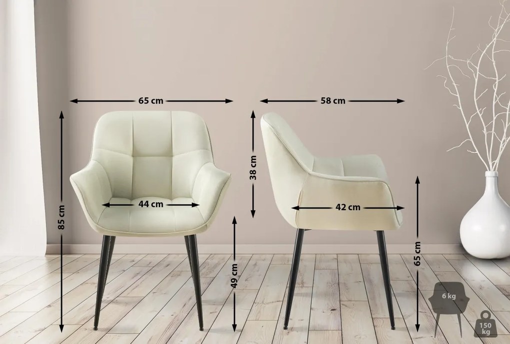 Stolička s podrúčkami Roseville - látka, nohy čierny kov - Krémová