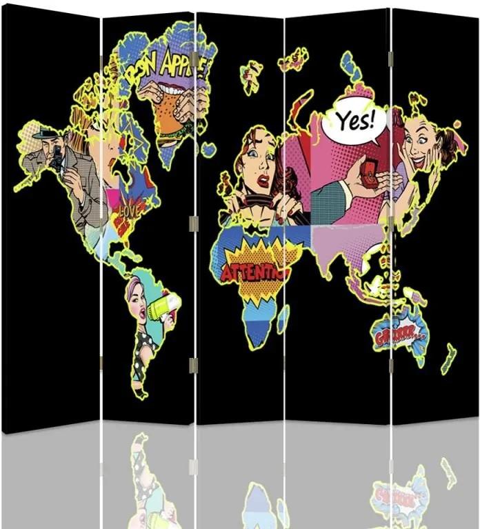 CARO Paraván - Black World Map Pop Art | päťdielny | obojstranný 180x150 cm