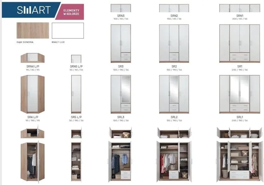 Šatník Smart 200 cm, dub sonoma / biela, zrkadlo