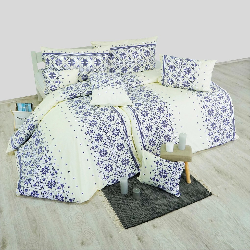 Obliečky bavlnené Etno krémovo-modré EMI: Predĺžený set jednolôžko obsahuje 1x 140x220 + 1x 70x90
