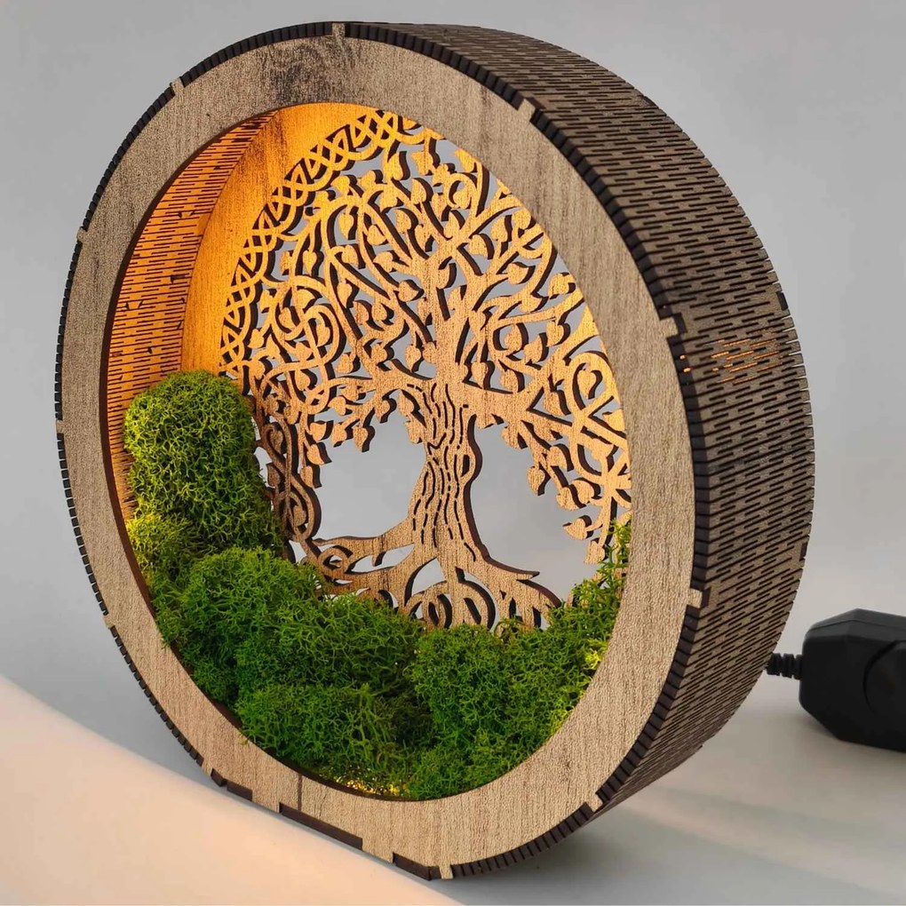 Stolová lampa Strom života s machom | ZIVENA: HDF - Orech 20 cm 4785-115180 LED0610-20-WALNUT