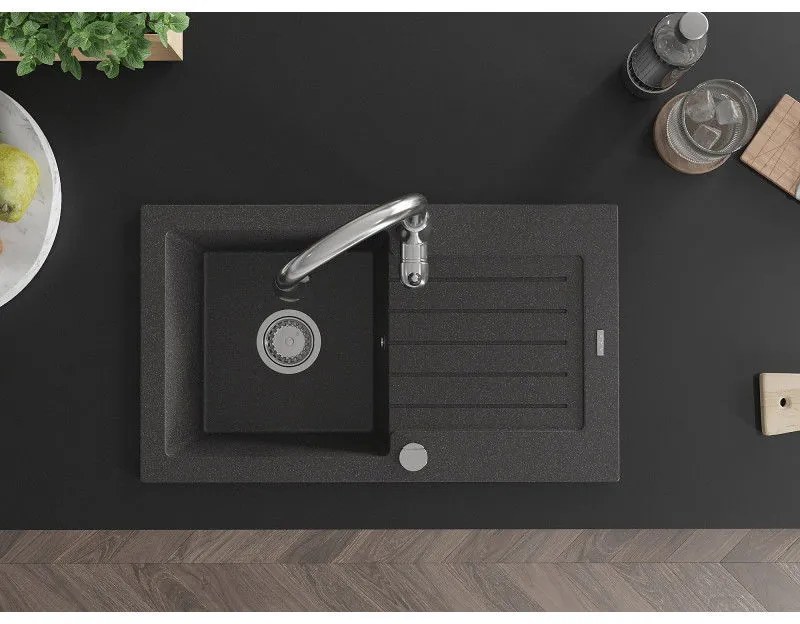 Mexen Pablo, granitový drez 752x436x161 mm, 1-komorový a drezová batéria Savita, čierna škvrnitá, 6510-76-672601-00