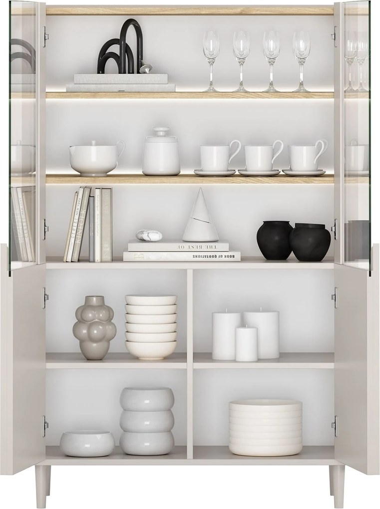 Vitrína Amilio 100 cm dvojdverová na nožičkách - kašmír / olejovaný dub / úchyty kašmír