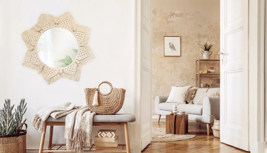 Okrúhle nástenné zrkadlo BOHO 55 cm béžové